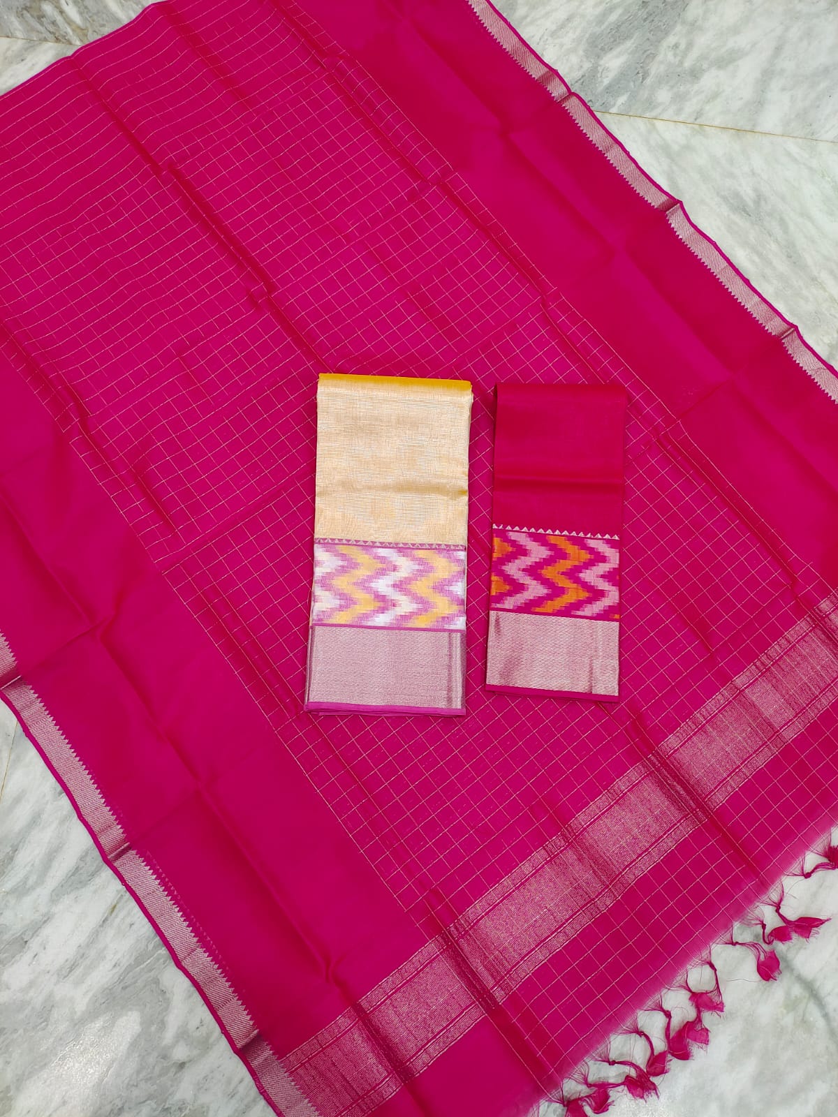Mangalgiri pattu pochampalli silver zari border half saree material