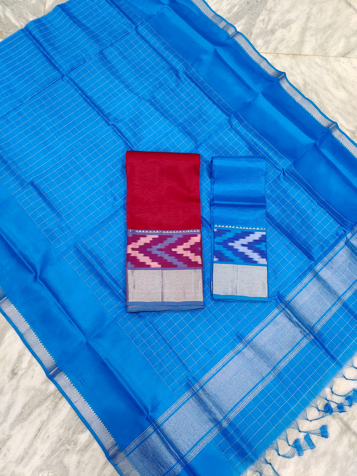 Mangalgiri pattu pochampalli silver zari border half saree material