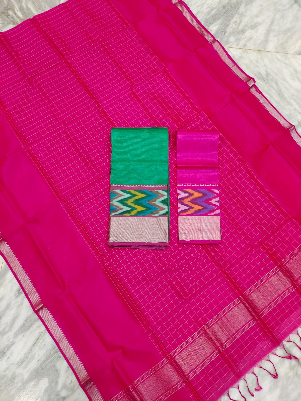 Mangalgiri pattu pochampalli silver zari border half saree material