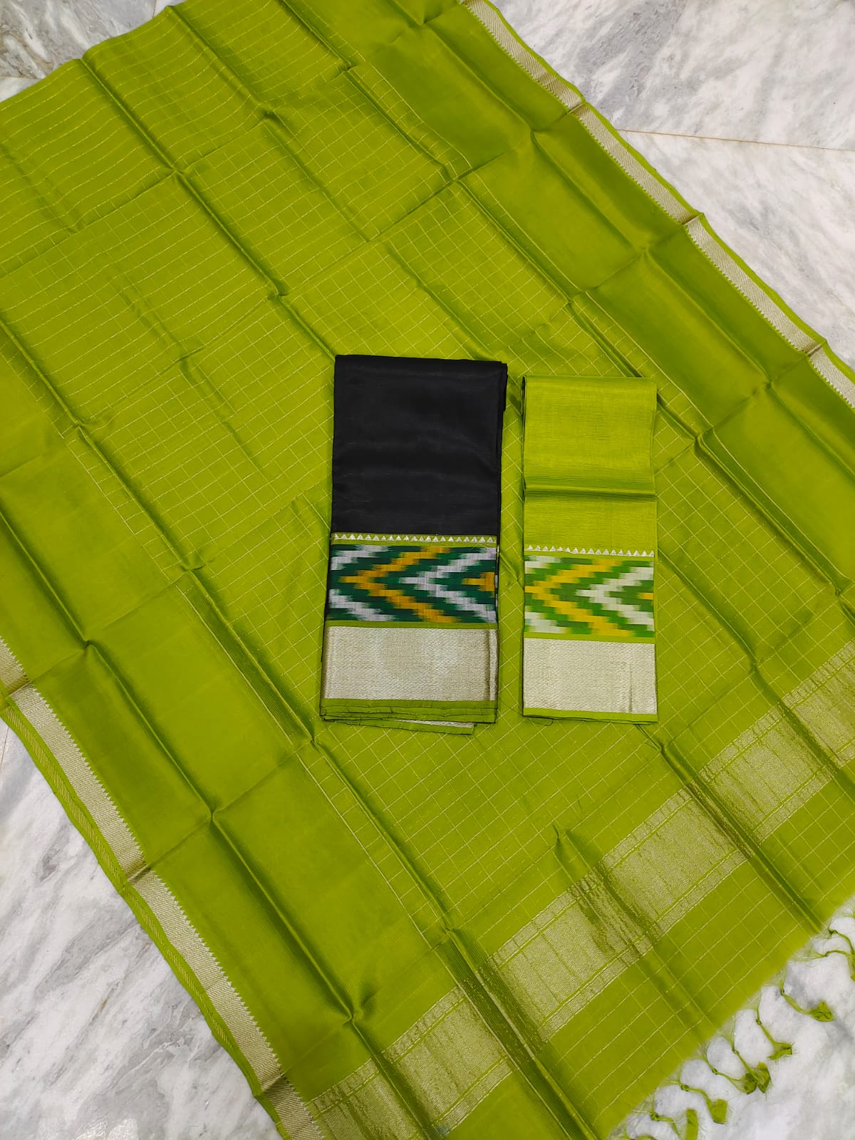 Mangalgiri pattu pochampalli silver zari border half saree material