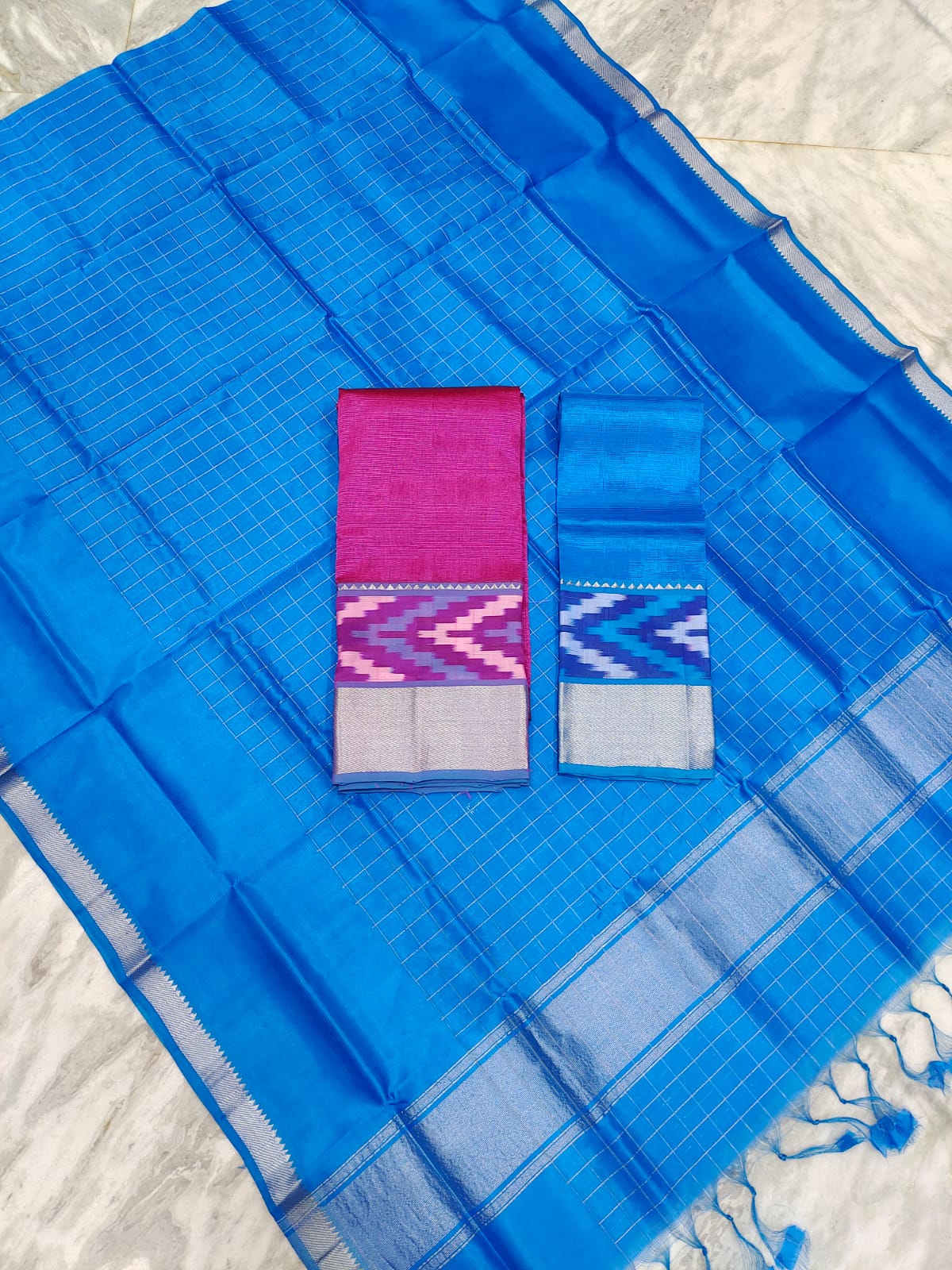 Mangalgiri pattu pochampalli silver zari border half saree material