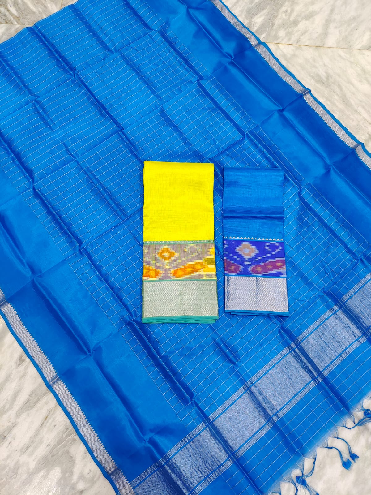 Mangalgiri pattu pochampalli silver zari border half saree material