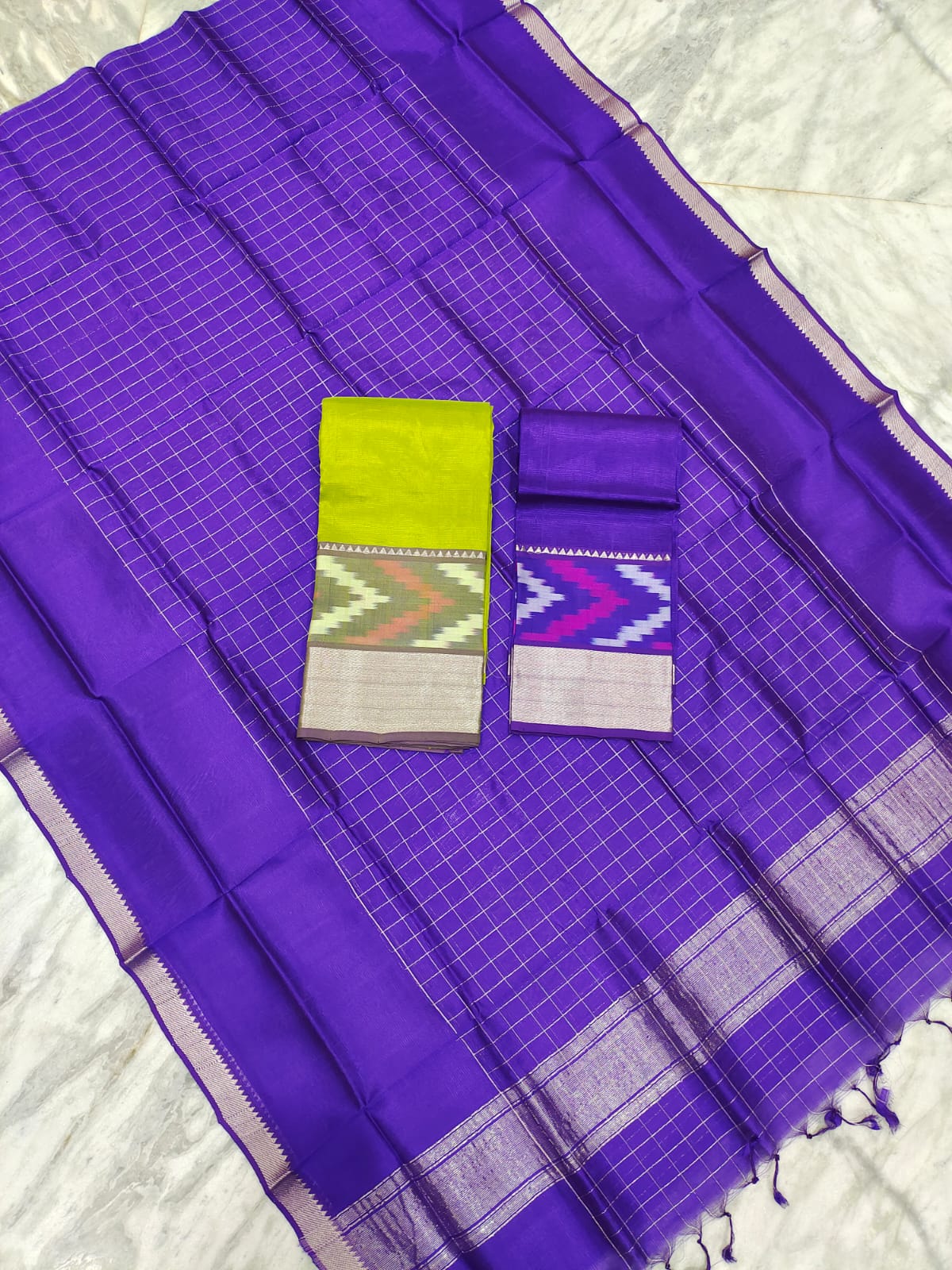Mangalgiri pattu pochampalli silver zari border half saree material