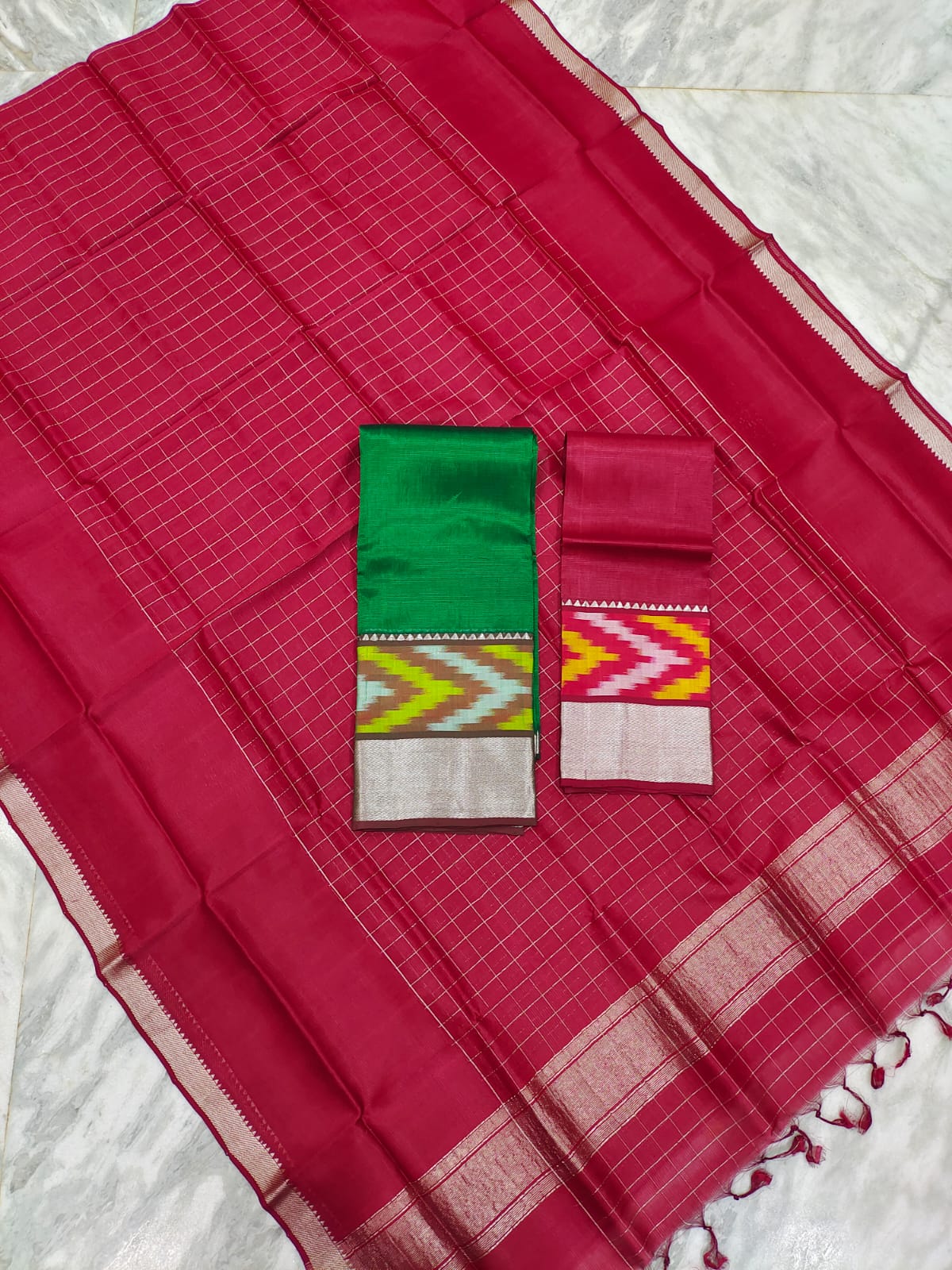 Mangalgiri pattu pochampalli silver zari border half saree material