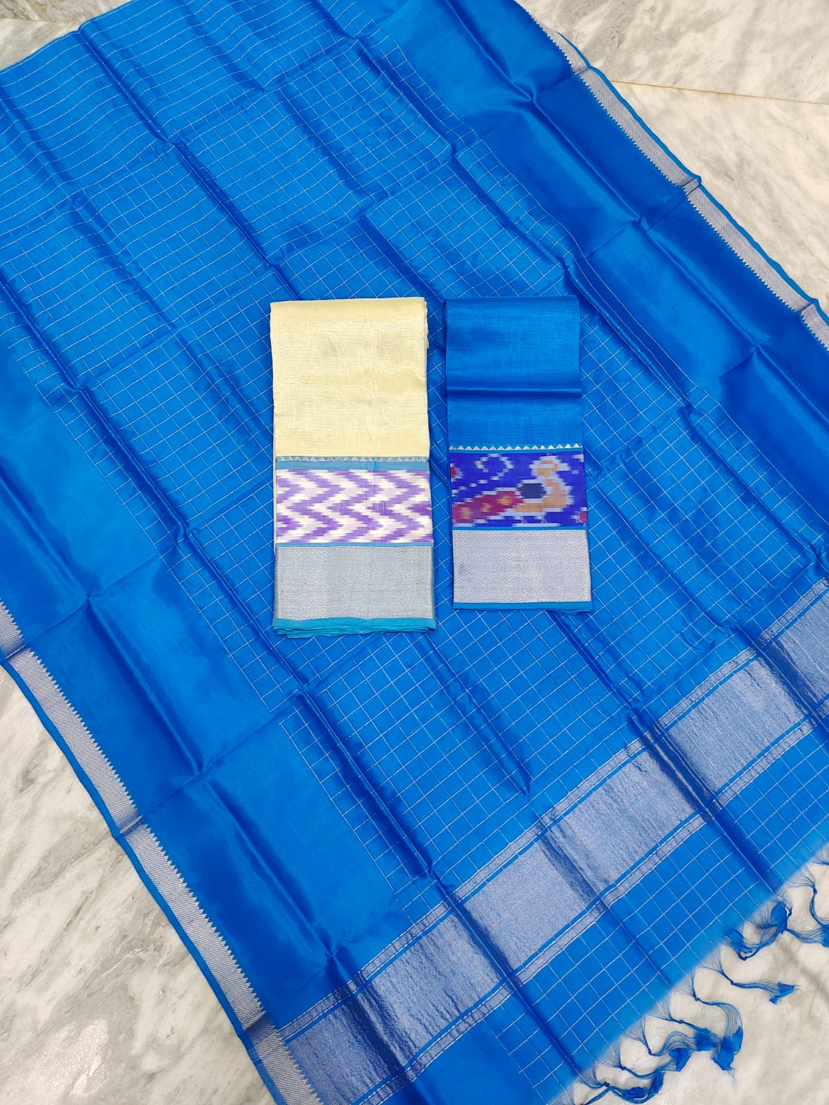 Mangalgiri pattu pochampalli silver zari border half saree material