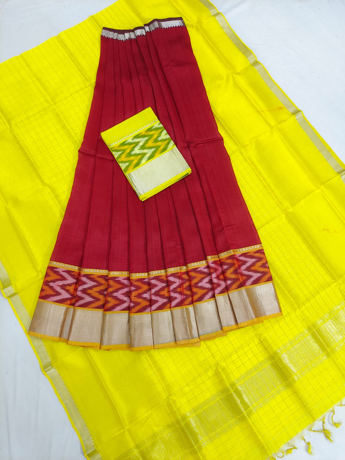 Mangalgiri pattu pochampalli silver zari border half saree material