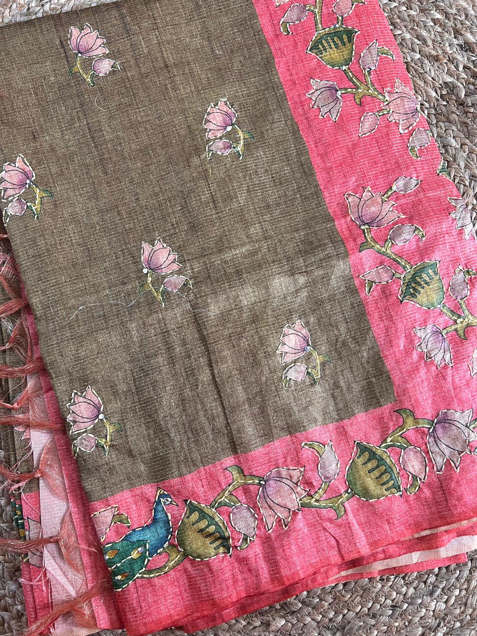 Pitchuwai Printed Tissue Tussar Silk Saree