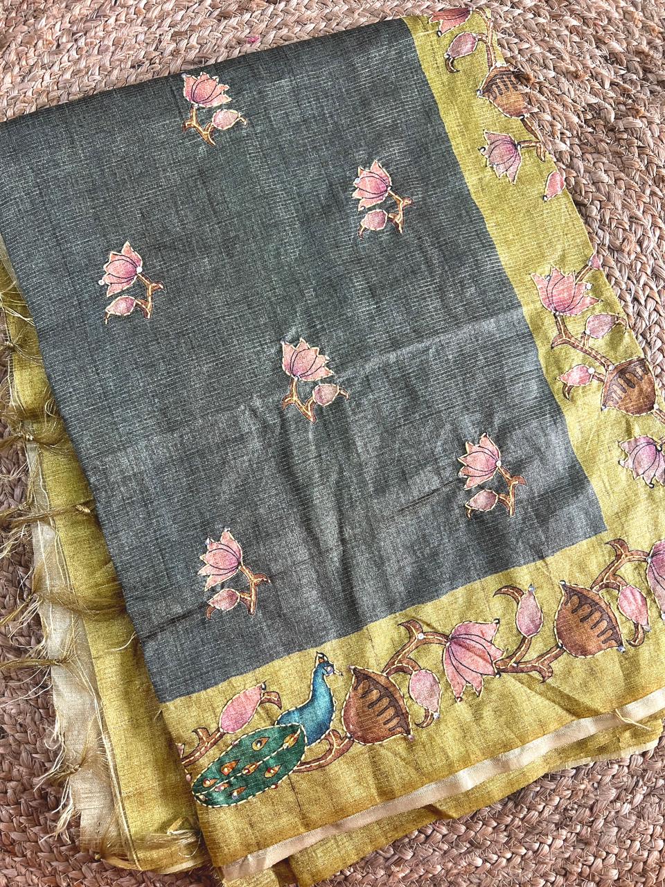 Pitchuwai Printed Tissue Tussar Silk Saree