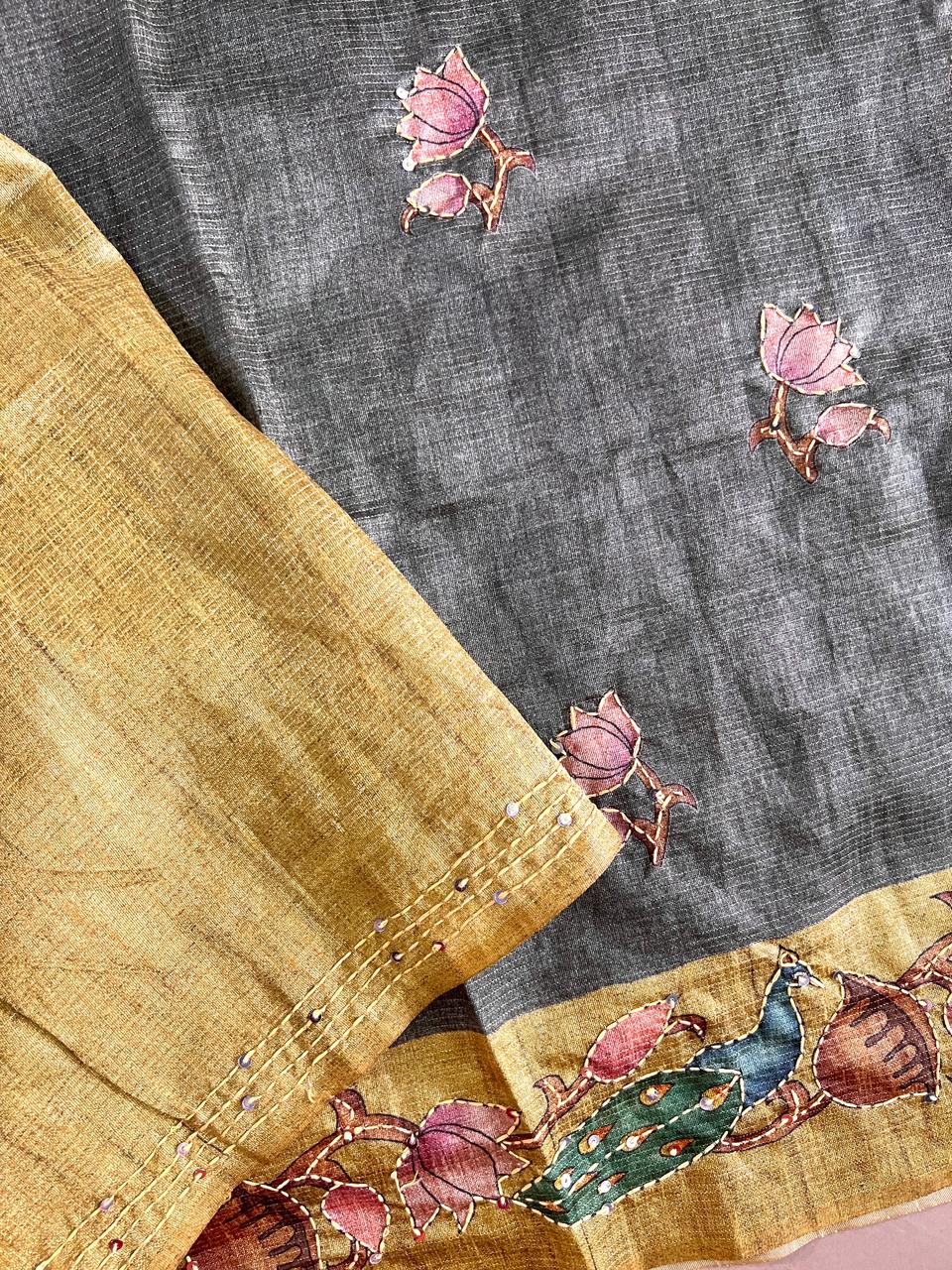 Pitchuwai Printed Tissue Tussar Silk Saree