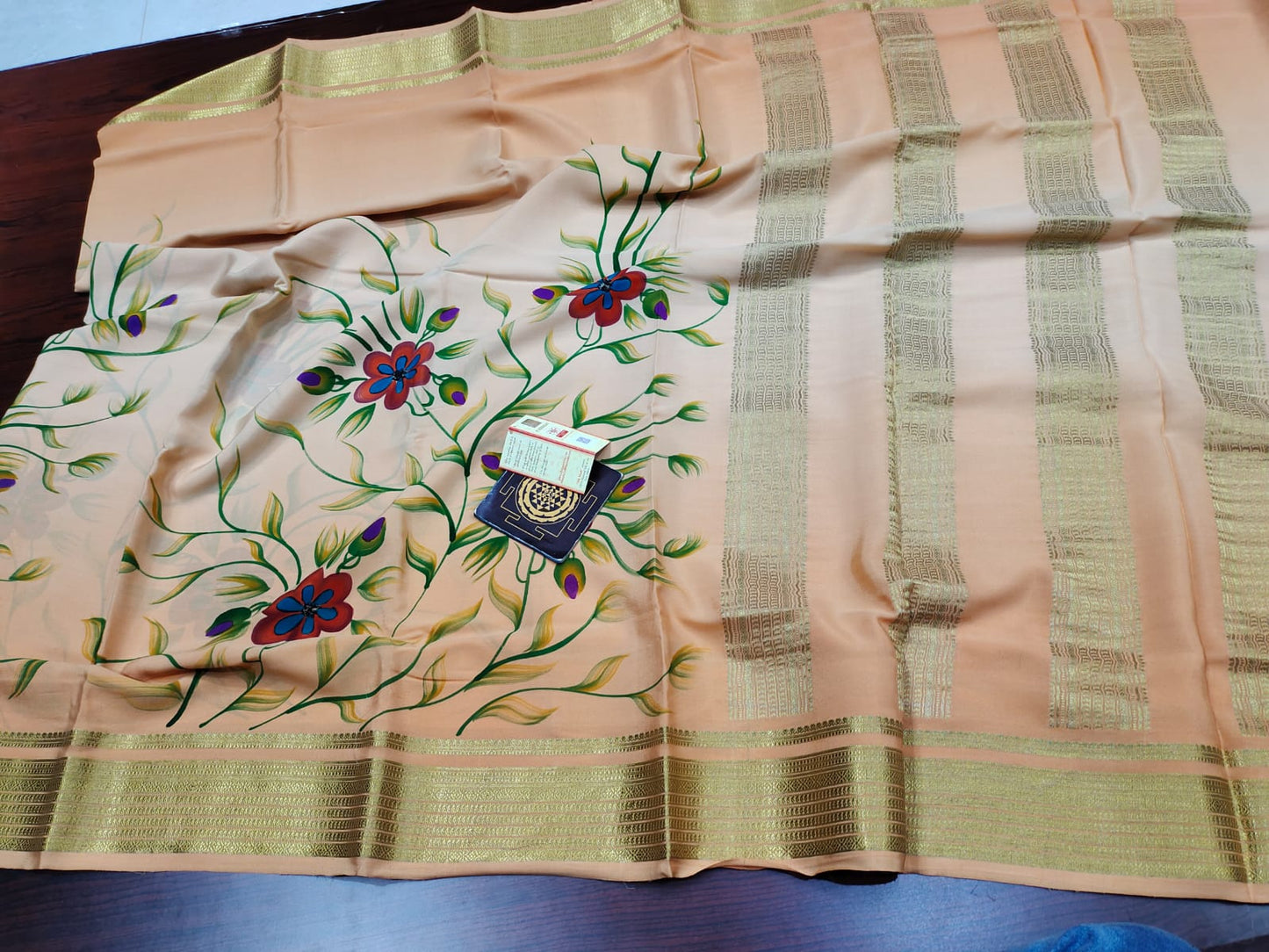 Pure floral shaded hand painted printed crepe mysore silk saree