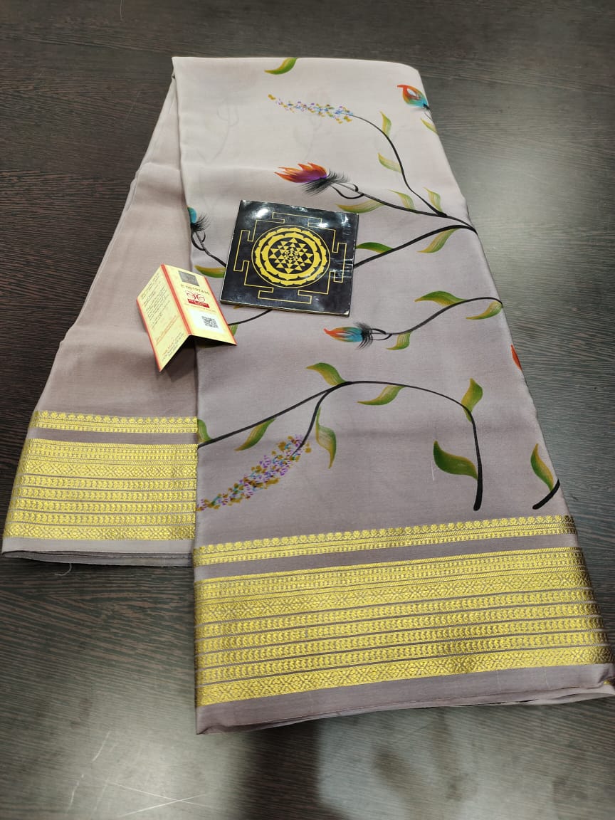 Pure floral shaded hand painted printed crepe mysore silk saree