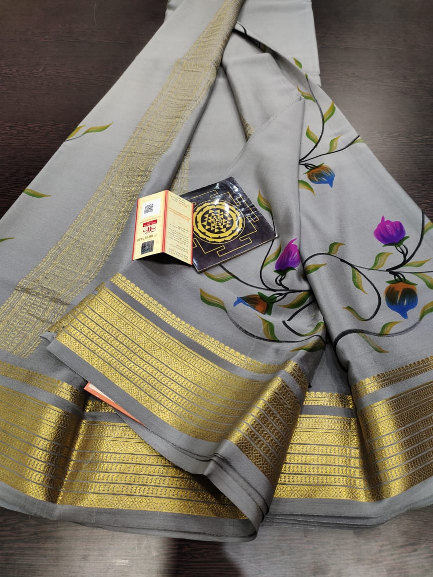 Pure floral shaded hand painted printed crepe mysore silk saree