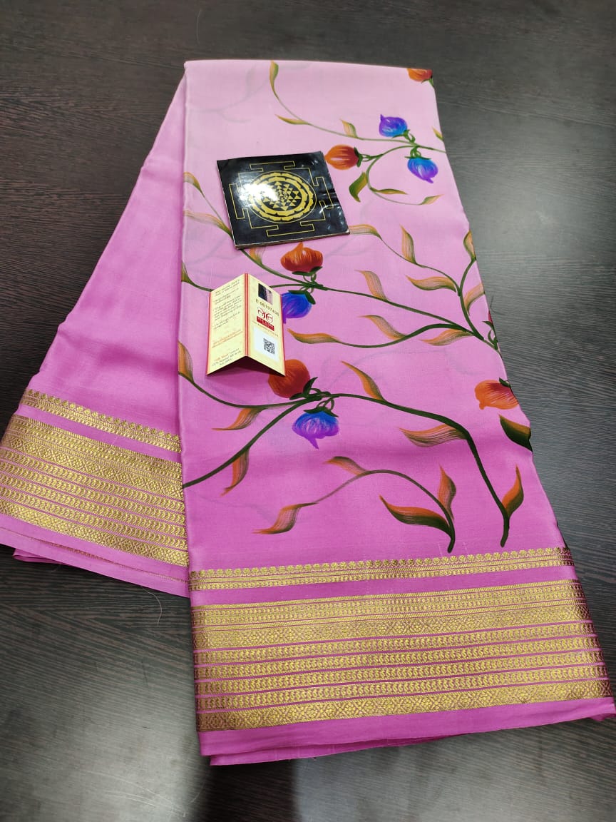 Pure floral shaded hand painted printed crepe mysore silk saree