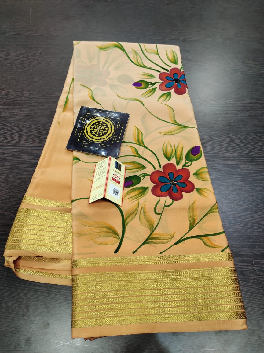 Pure floral shaded hand painted printed crepe mysore silk saree
