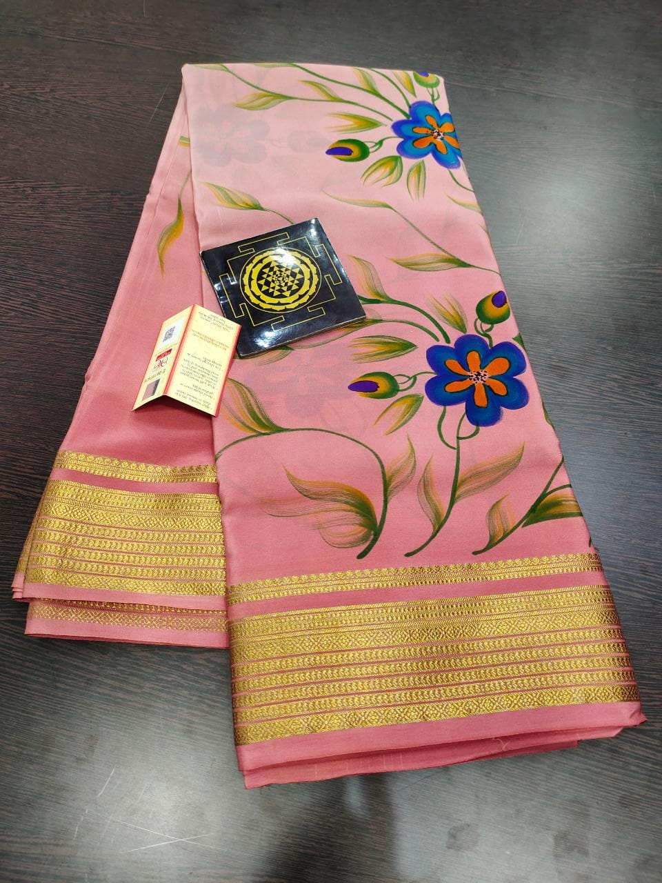 Pure floral shaded hand painted printed crepe mysore silk saree