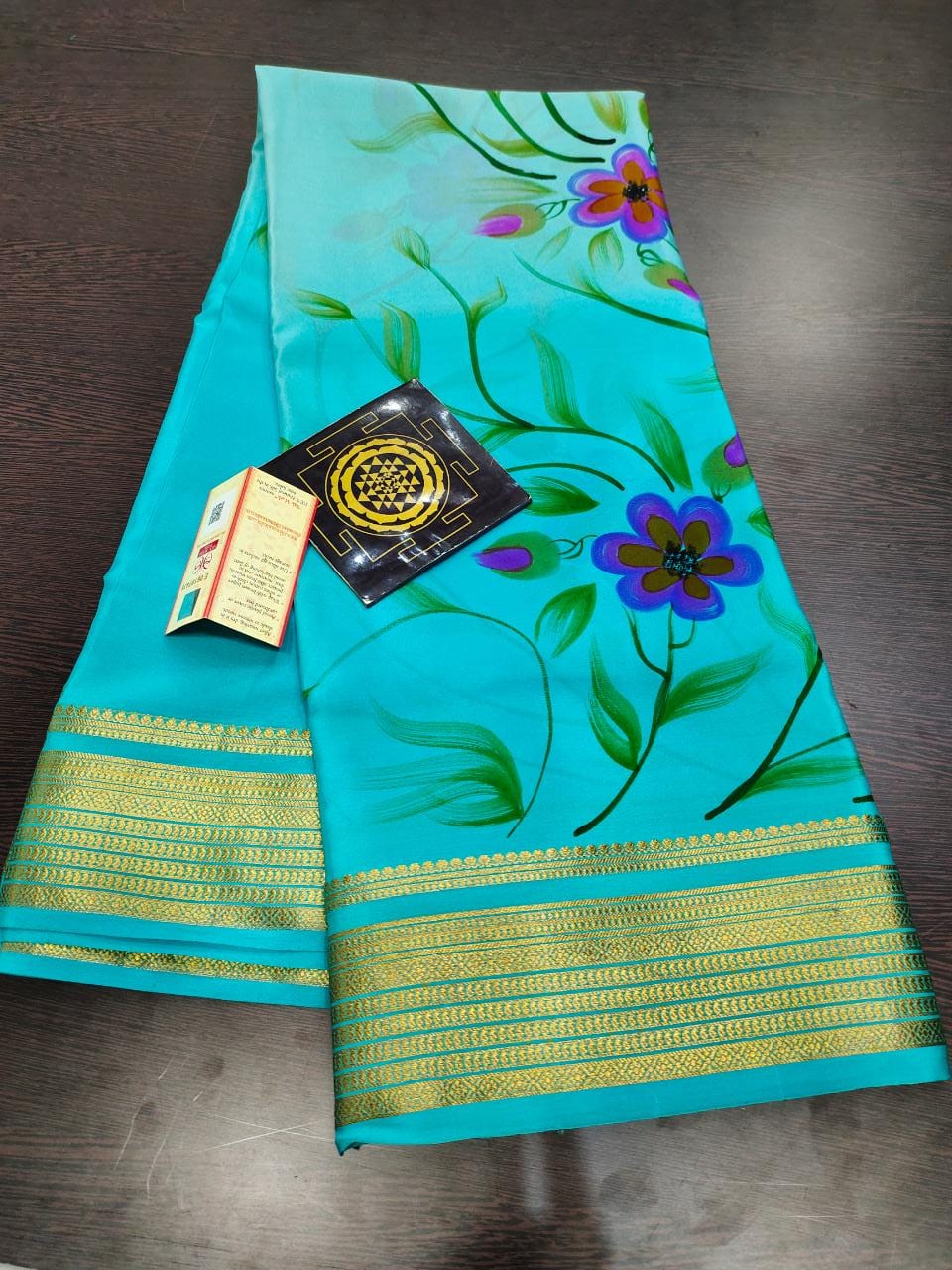 Pure floral shaded hand painted printed crepe mysore silk saree