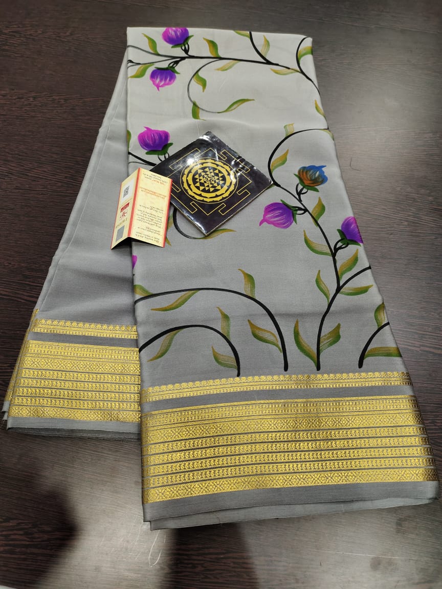 Pure floral shaded hand painted printed crepe mysore silk saree