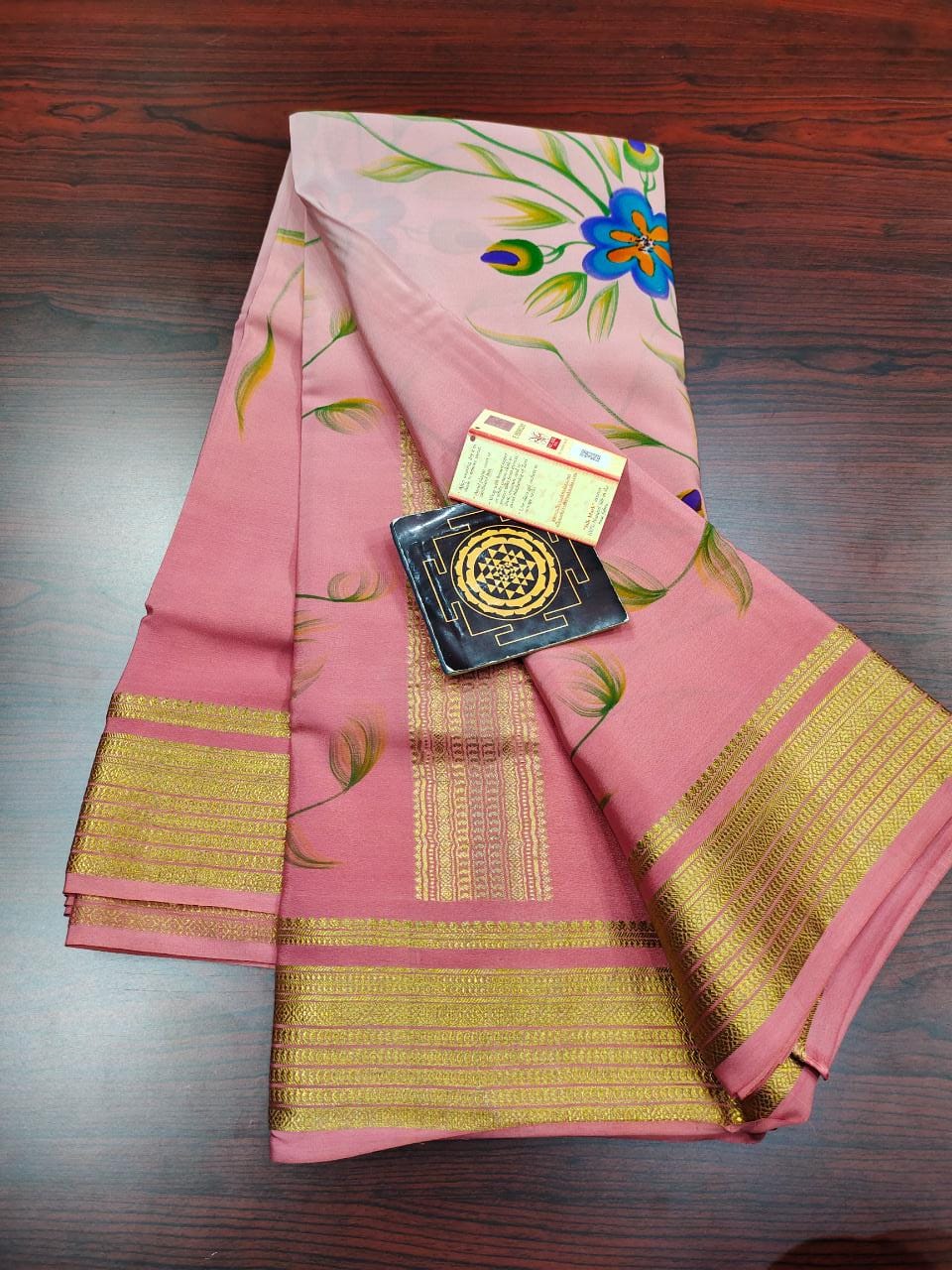 Pure floral shaded hand painted printed crepe mysore silk saree