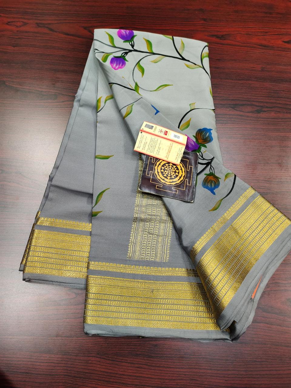 Pure floral shaded hand painted printed crepe mysore silk saree