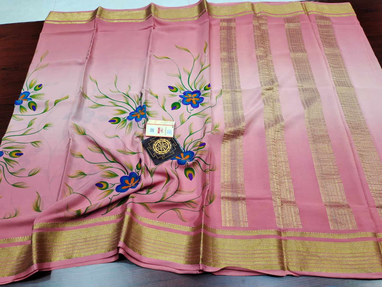 Pure floral shaded hand painted printed crepe mysore silk saree