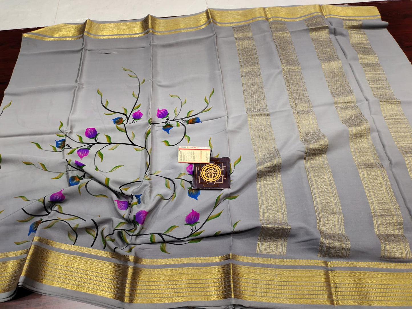 Pure floral shaded hand painted printed crepe mysore silk saree