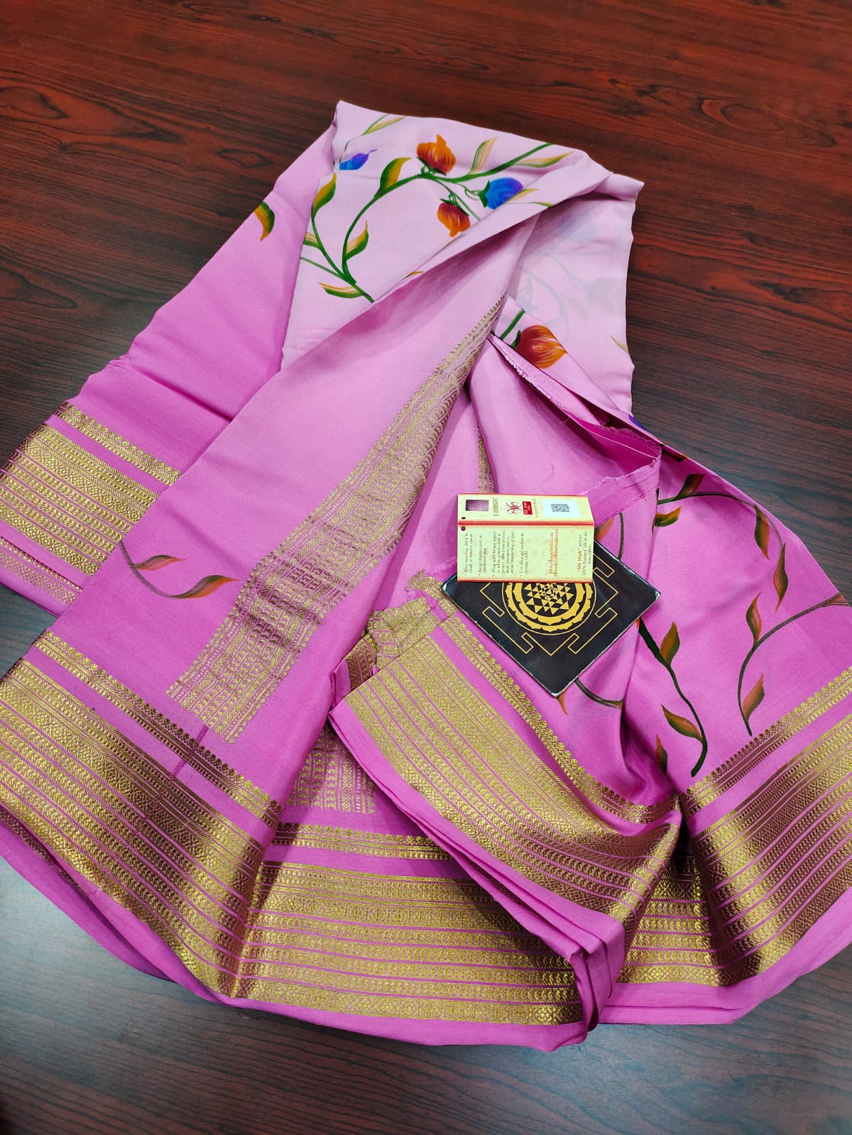 Pure floral shaded hand painted printed crepe mysore silk saree