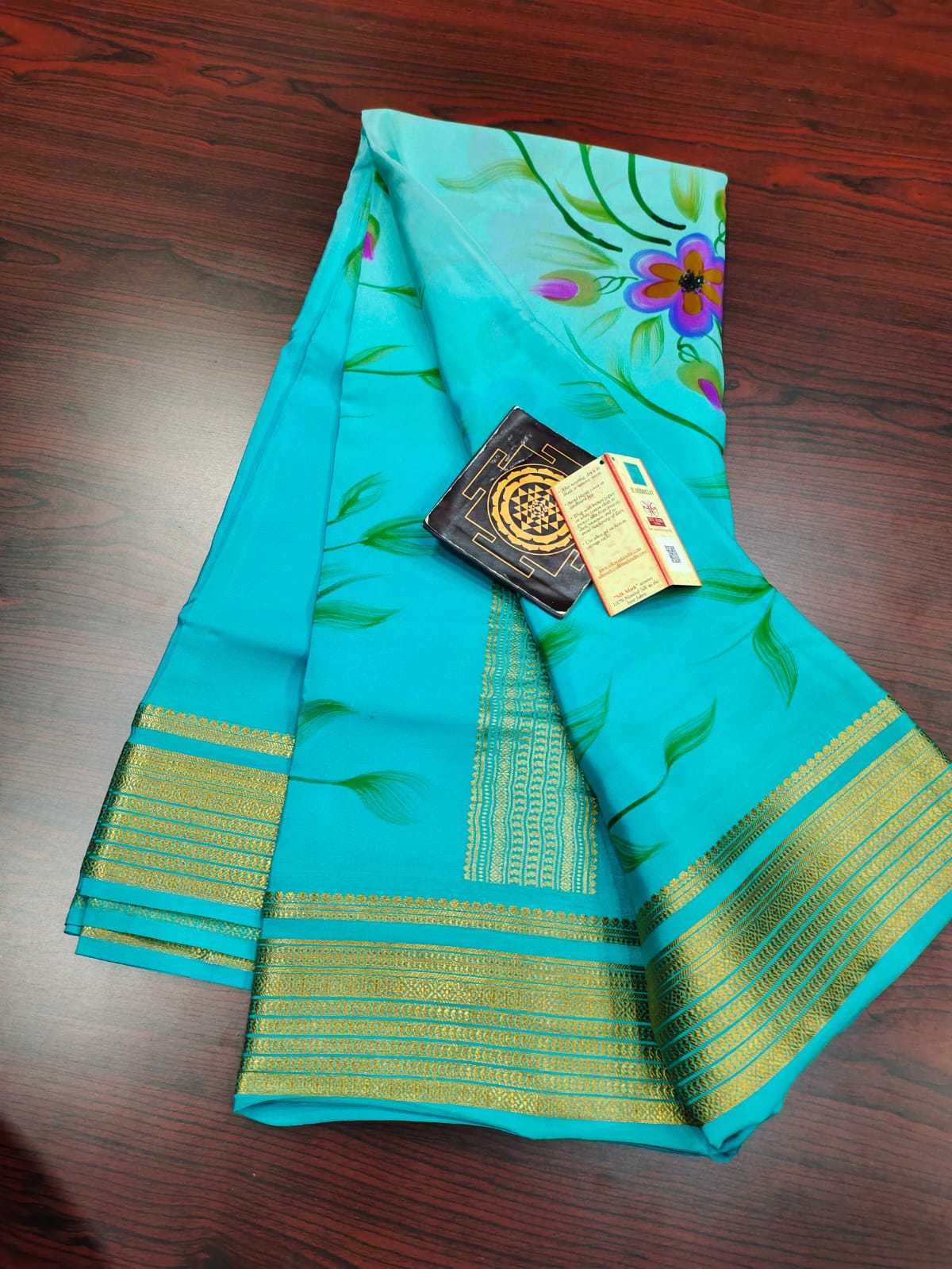 Pure floral shaded hand painted printed crepe mysore silk saree