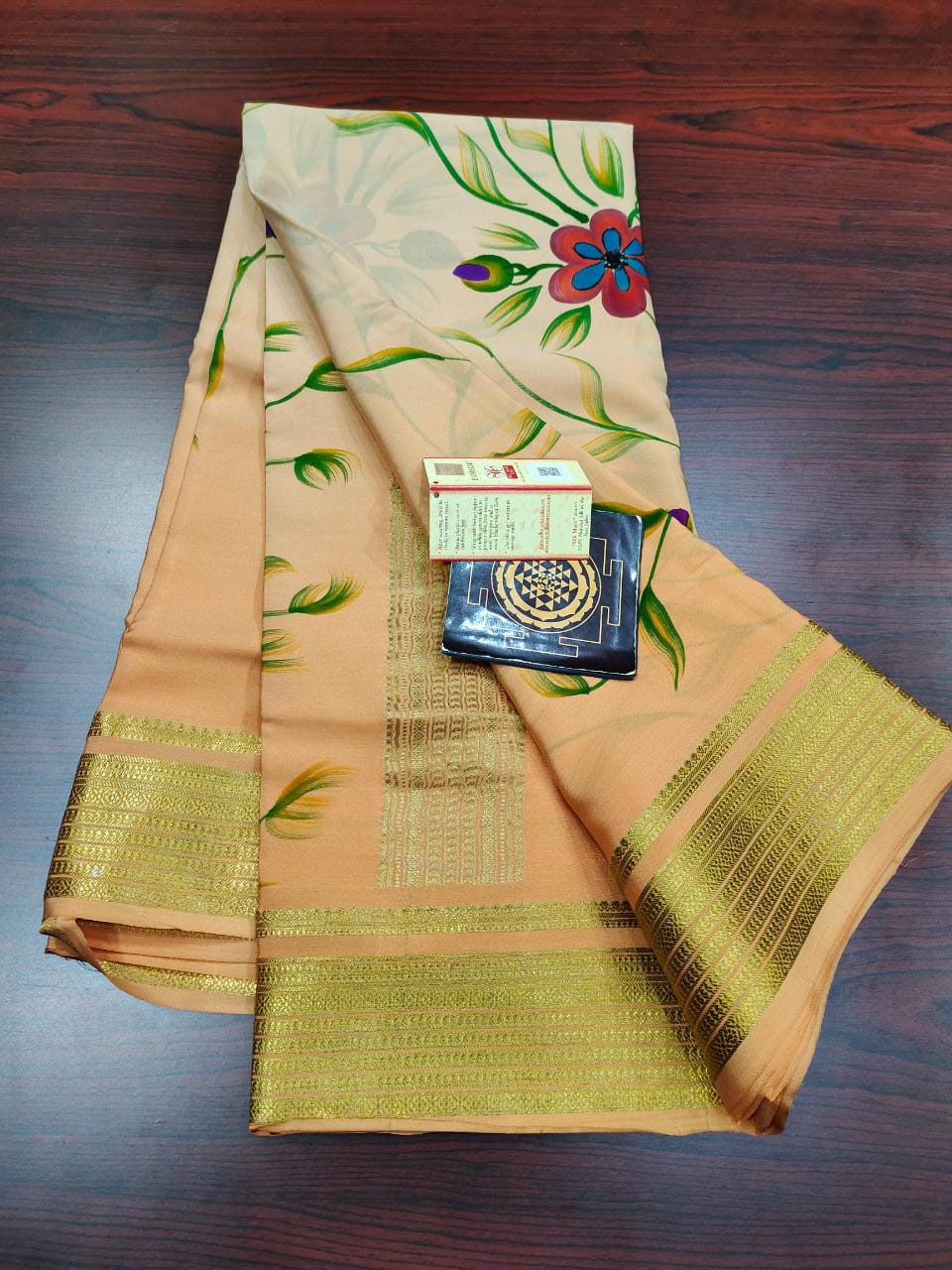 Pure floral shaded hand painted printed crepe mysore silk saree
