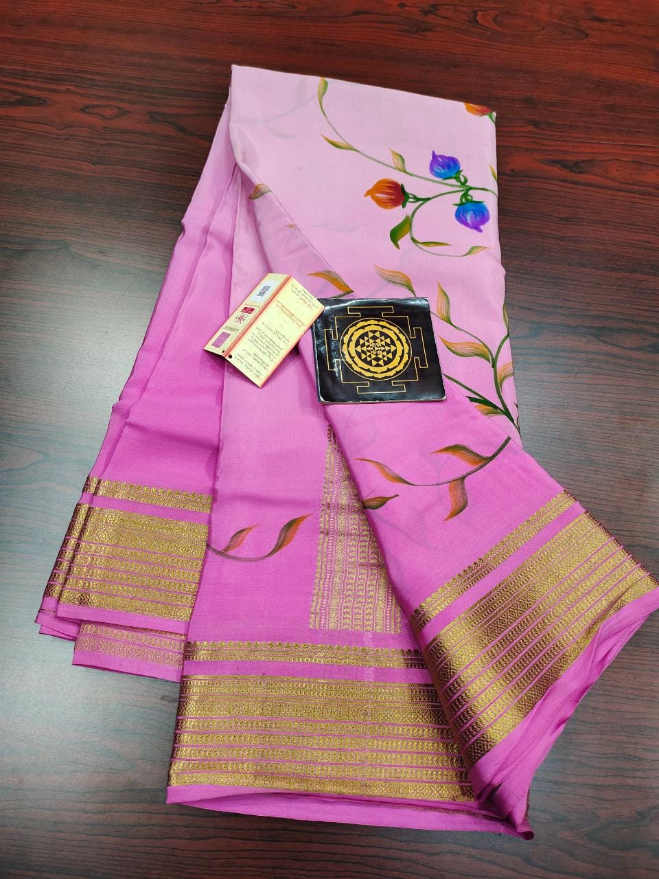 Pure floral shaded hand painted printed crepe mysore silk saree