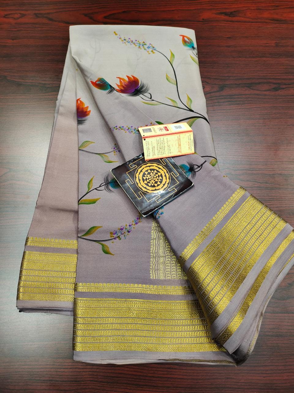 Pure floral shaded hand painted printed crepe mysore silk saree