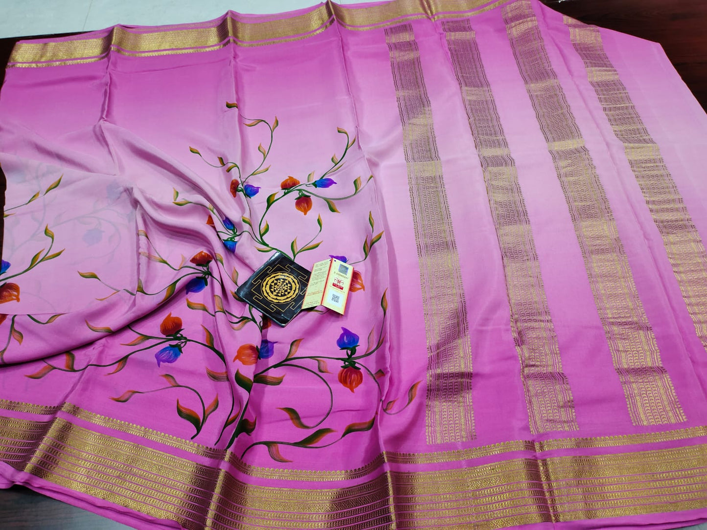 Pure floral shaded hand painted printed crepe mysore silk saree