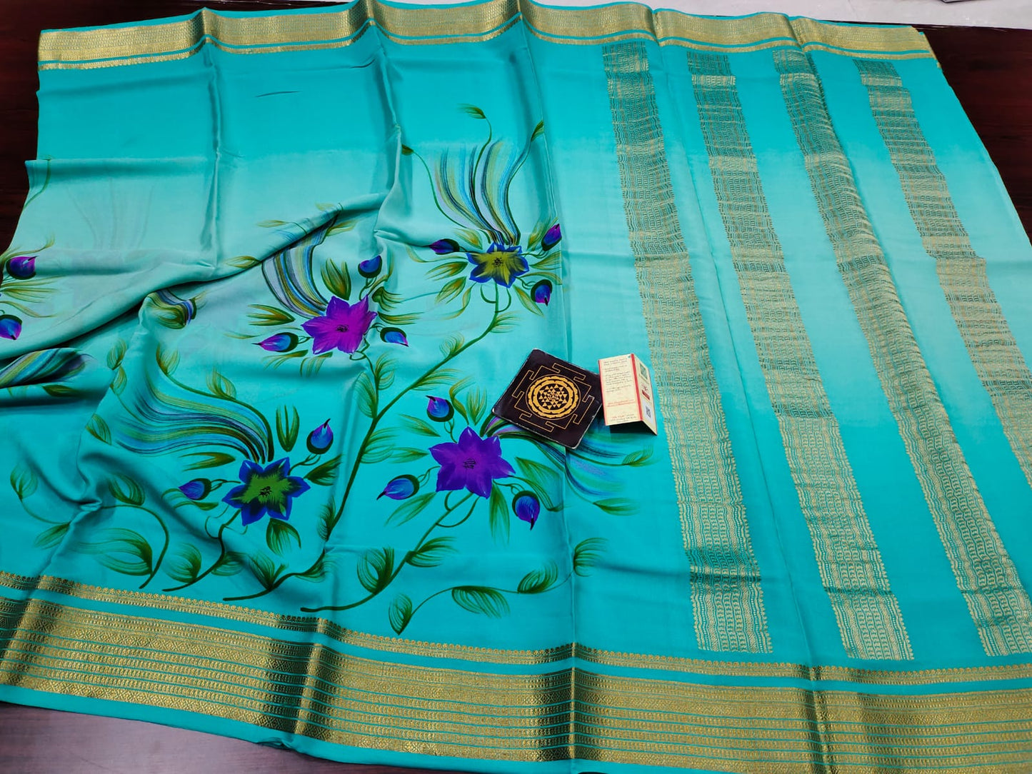 Pure floral shaded hand painted printed crepe mysore silk saree