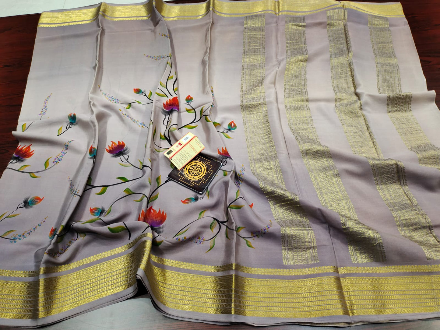 Pure floral shaded hand painted printed crepe mysore silk saree