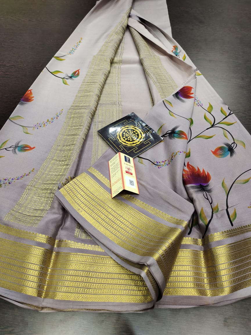 Pure floral shaded hand painted printed crepe mysore silk saree