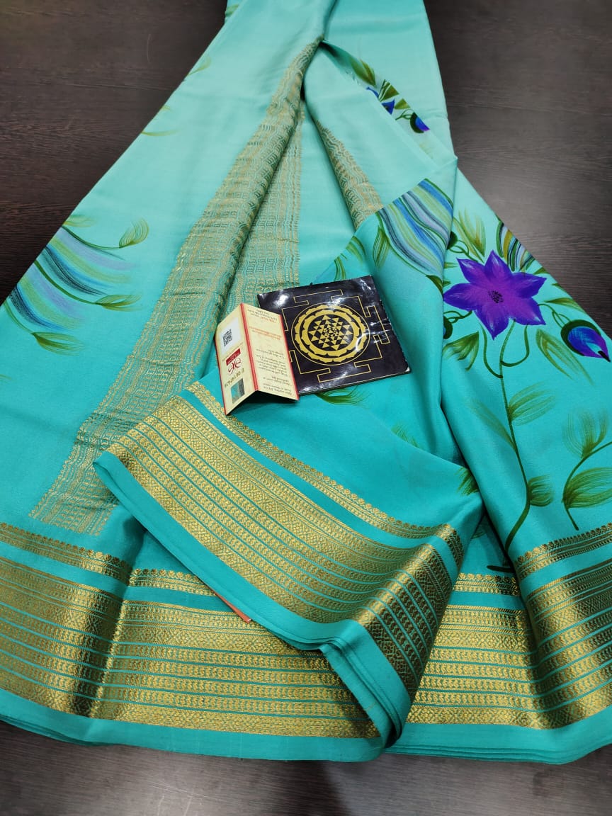 Pure floral shaded hand painted printed crepe mysore silk saree