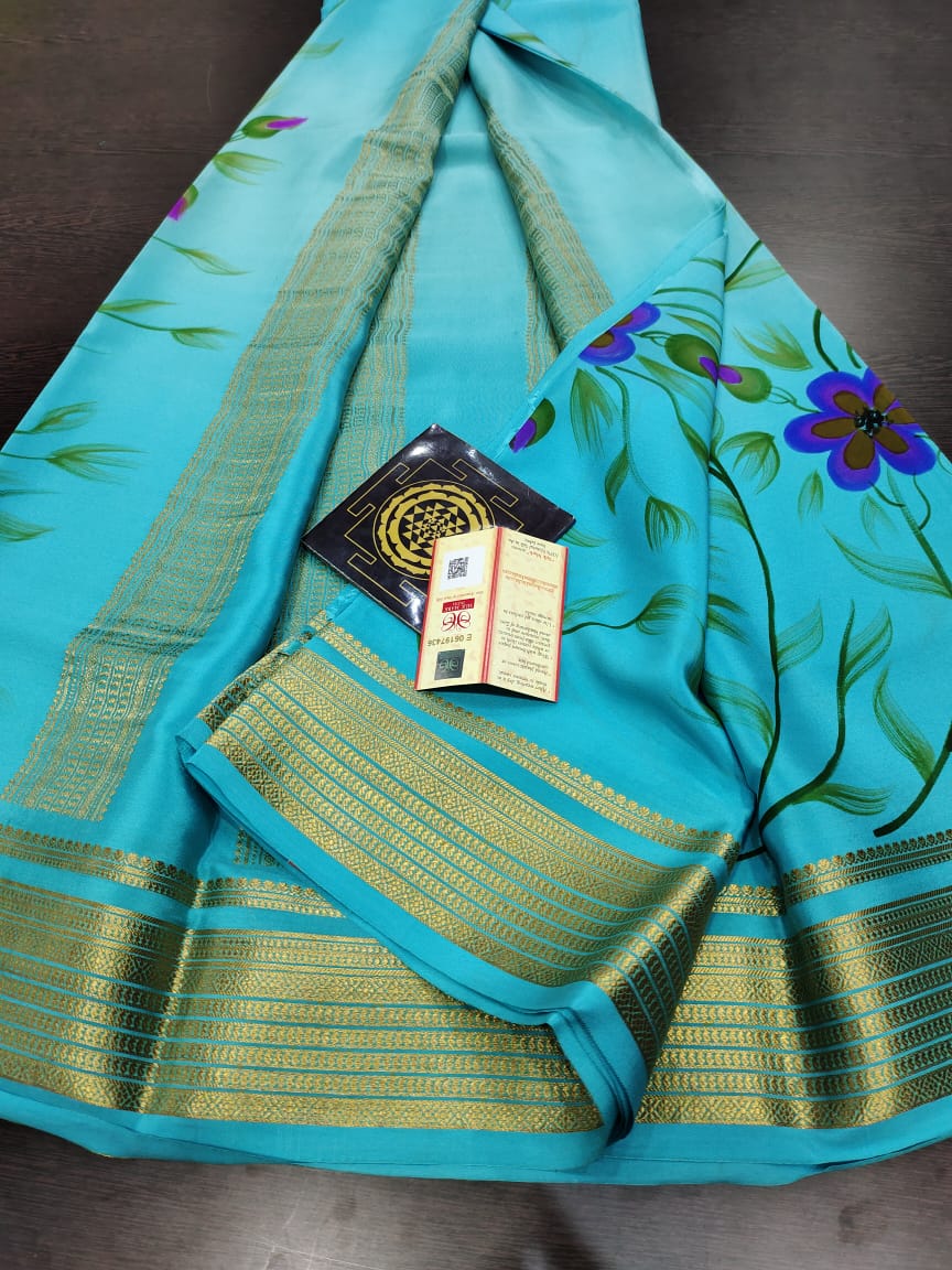 Pure floral shaded hand painted printed crepe mysore silk saree