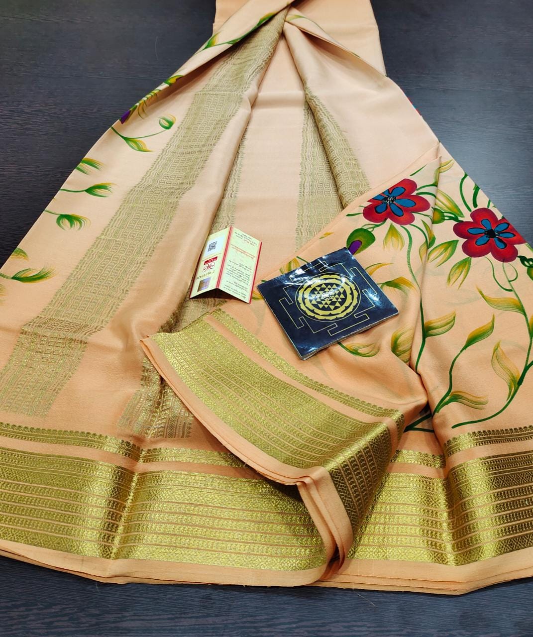 Pure floral shaded hand painted printed crepe mysore silk saree