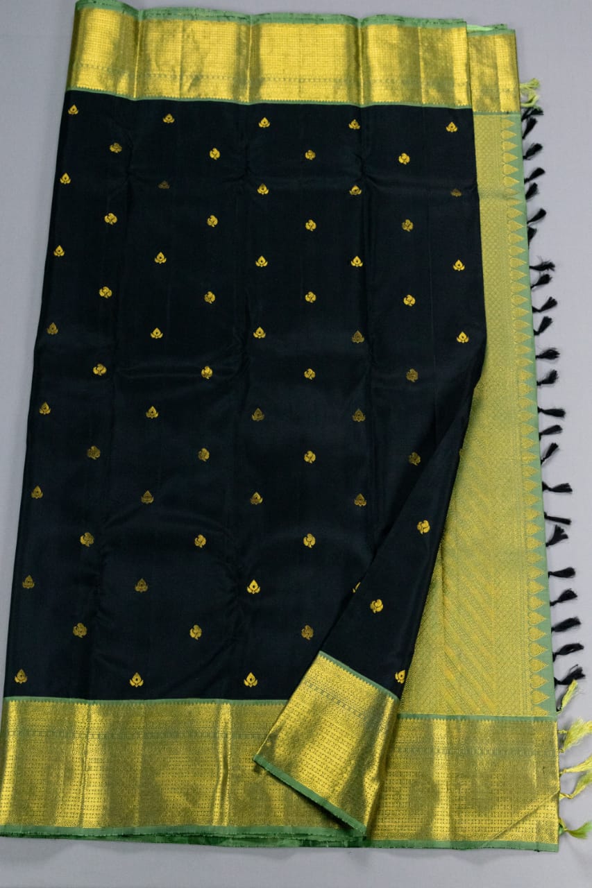 Pure Kanchipuram Black With Green Colour Silk Saree