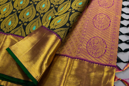 Pure Kanchipuram Black With Magenta Colour Silk Saree