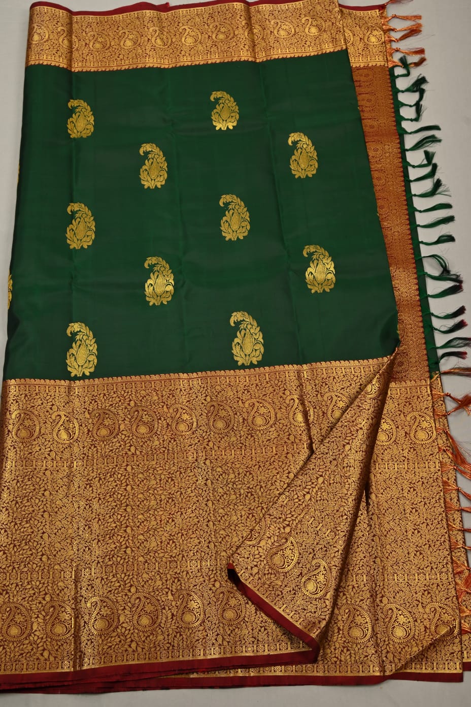Pure Kanchipuram Bottle Green With Maroon Colour Silk Saree