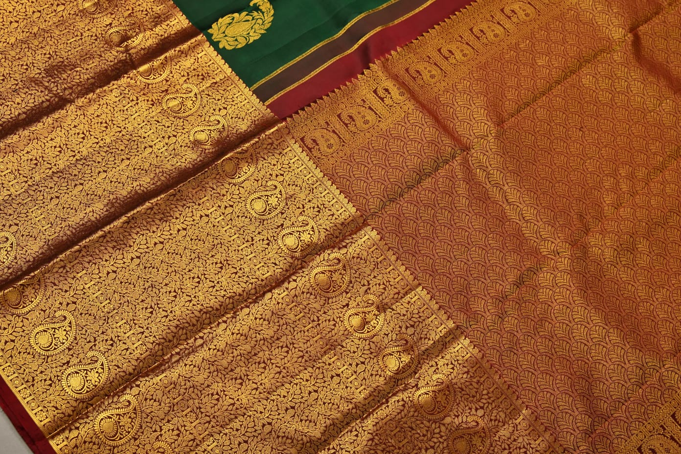 Pure Kanchipuram Bottle Green With Maroon Colour Silk Saree