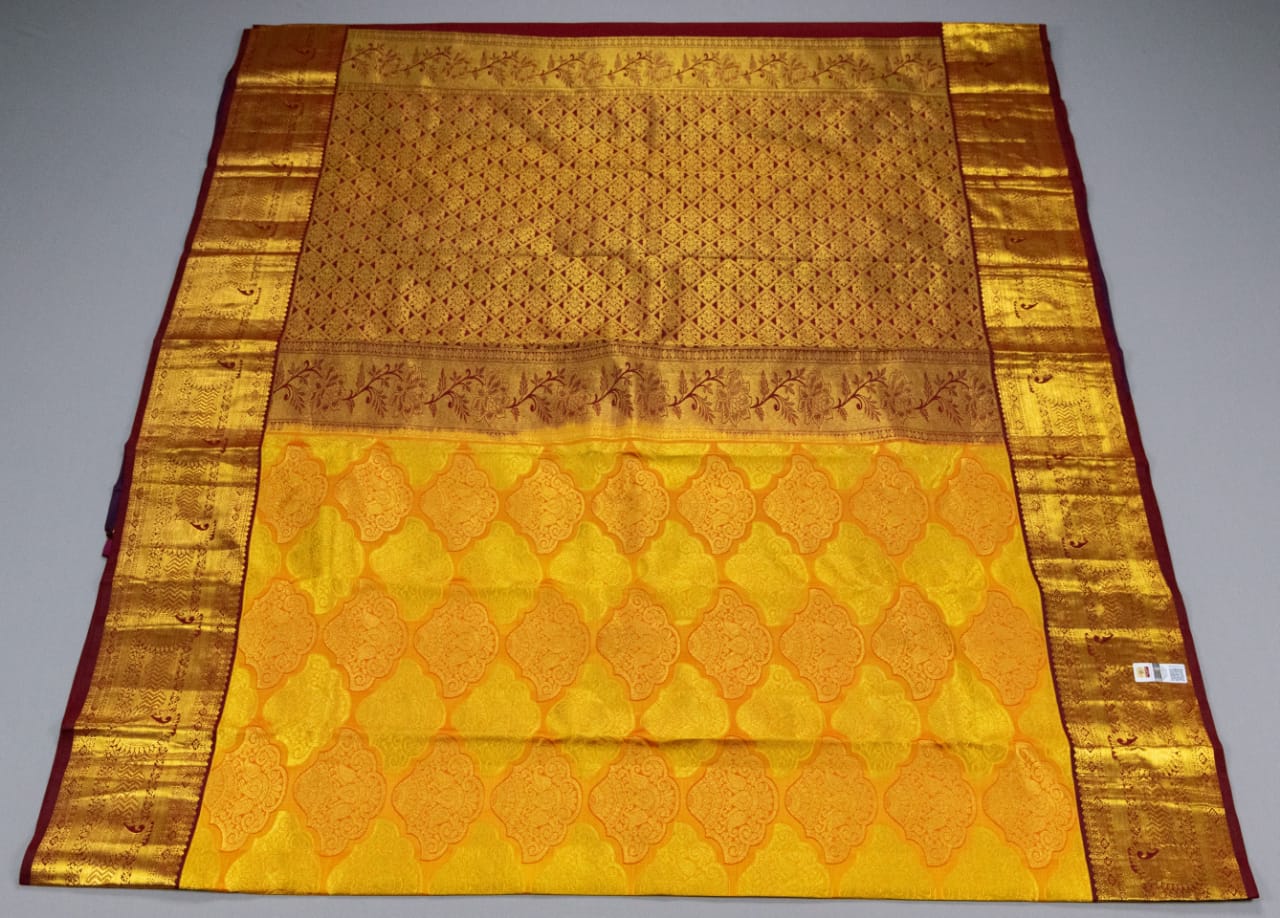 Pure Kanchipuram Mango Yellow With Maroon Colour Saree