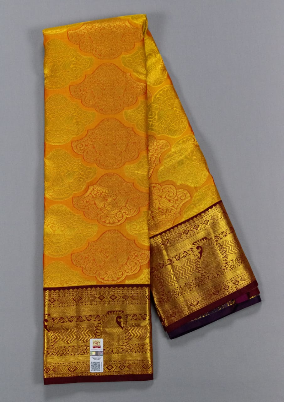 Pure Kanchipuram Mango Yellow With Maroon Colour Saree