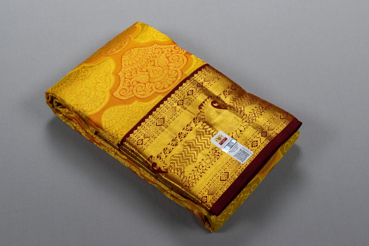 Pure Kanchipuram Mango Yellow With Maroon Colour Saree