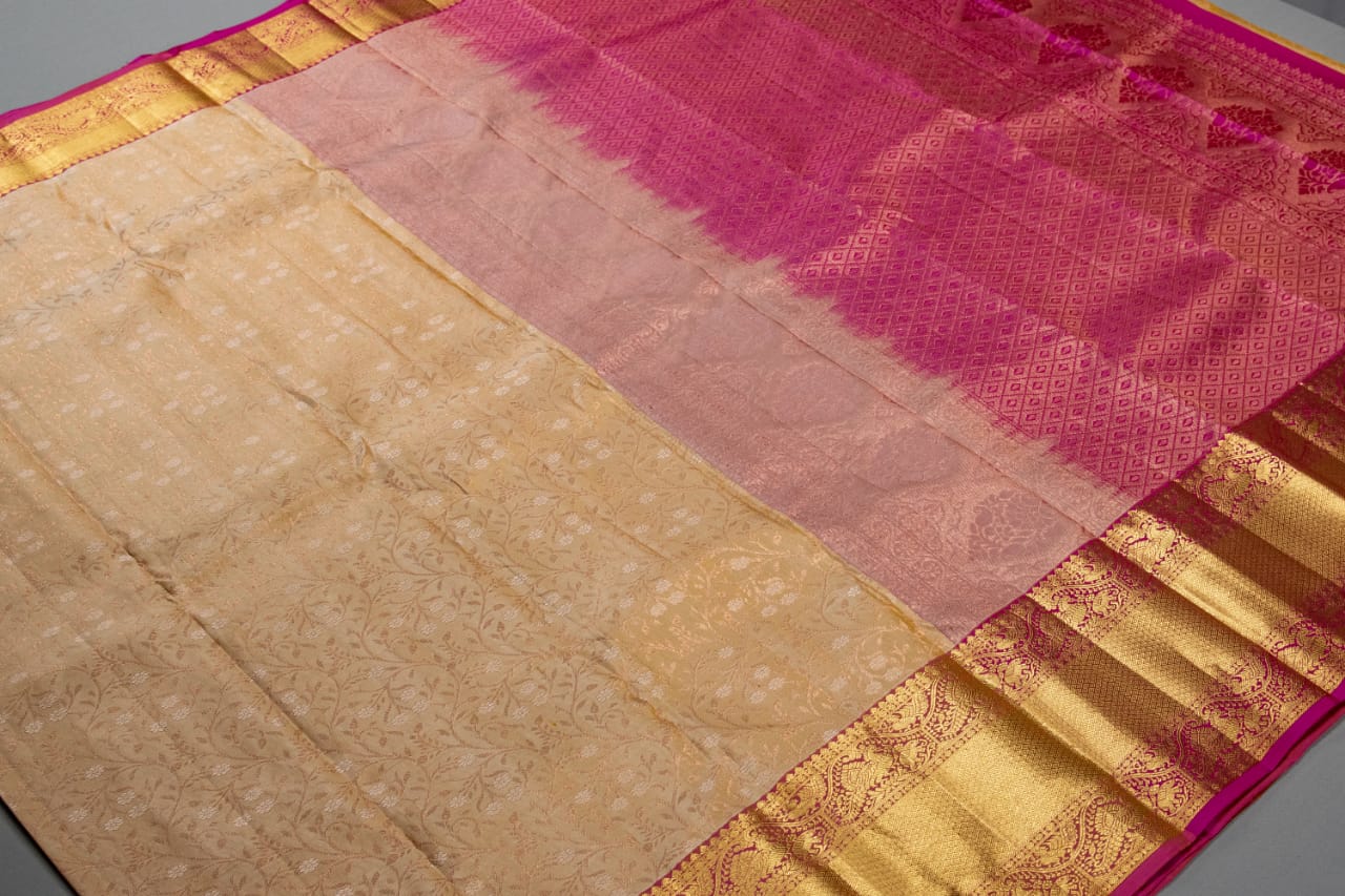 Pure Kanchipuram Peach With Rani Pink Colour Silk Saree