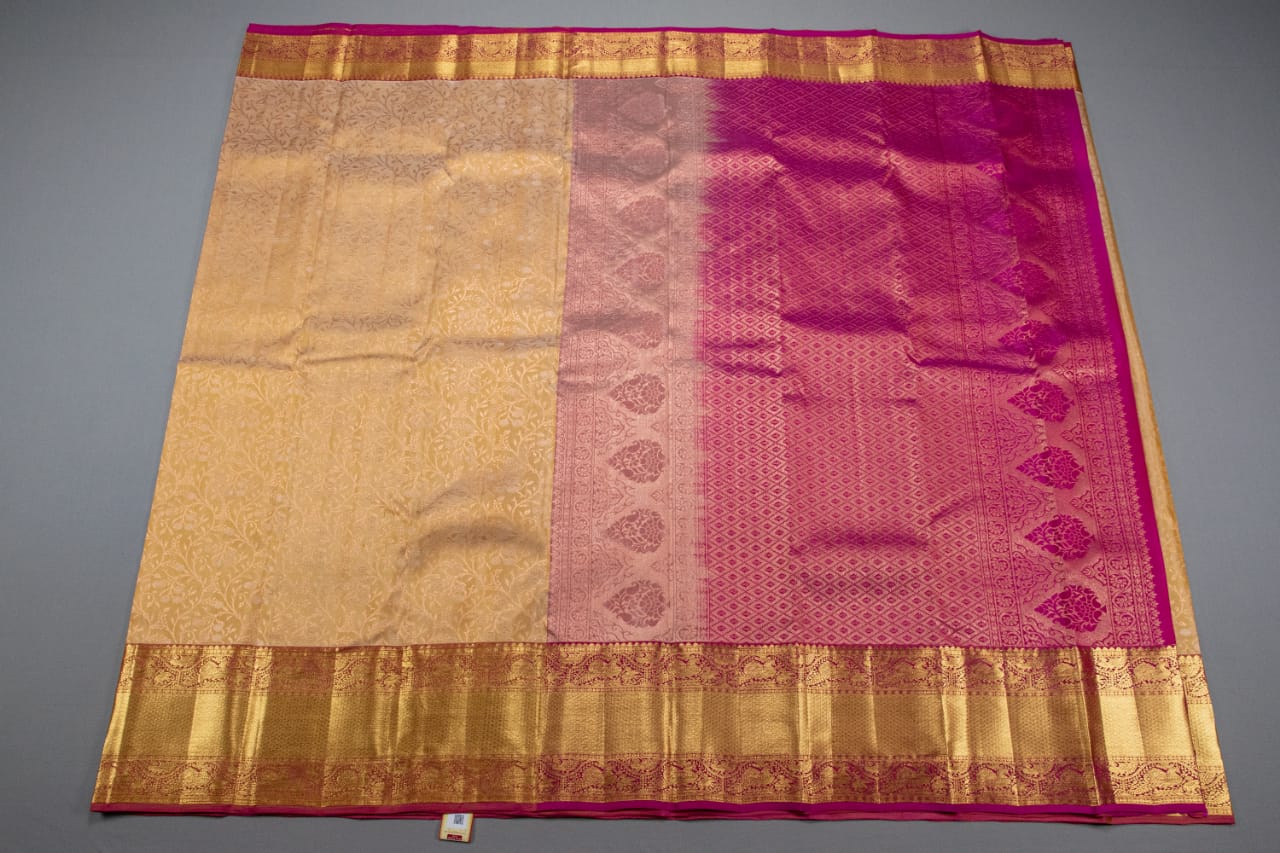 Pure Kanchipuram Peach With Rani Pink Colour Silk Saree