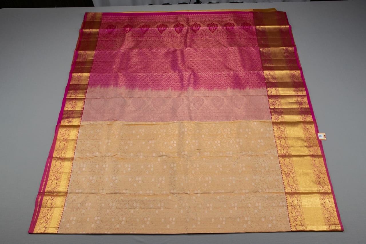 Pure Kanchipuram Peach With Rani Pink Colour Silk Saree