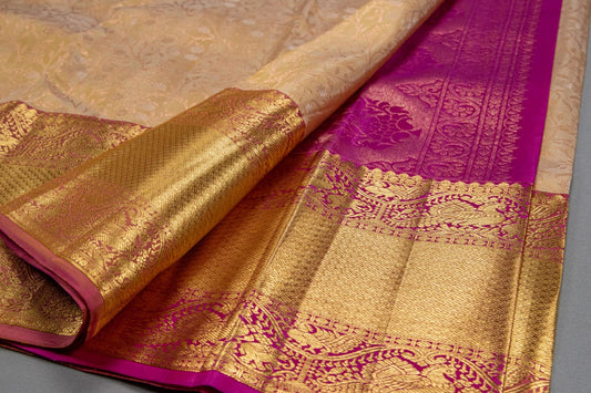 Pure Kanchipuram Peach With Rani Pink Colour Silk Saree