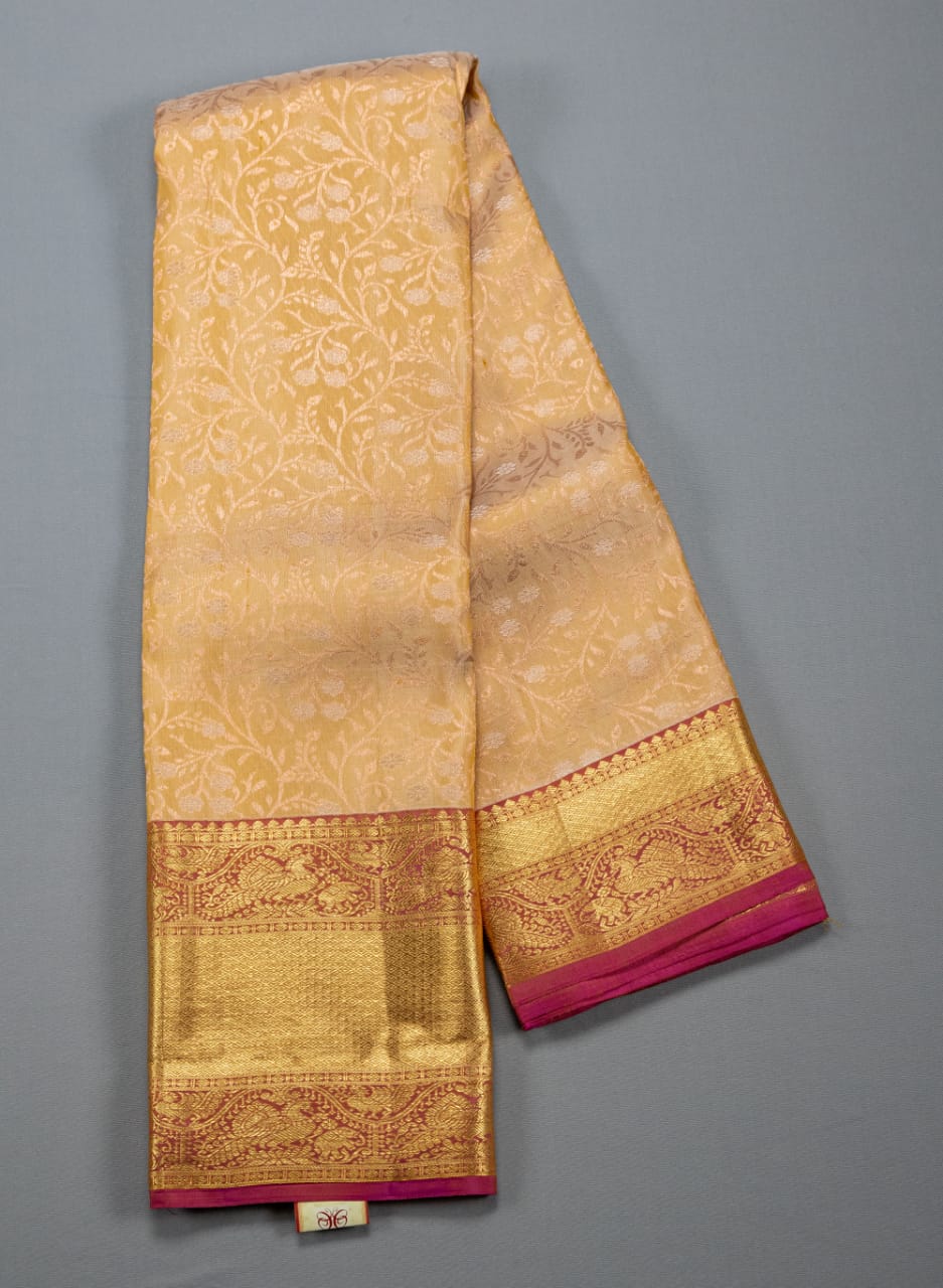 Pure Kanchipuram Peach With Rani Pink Colour Silk Saree