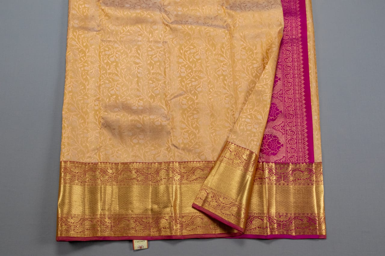 Pure Kanchipuram Peach With Rani Pink Colour Silk Saree